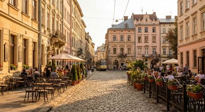 Cafe tables and a tram on the cobbled market square in the old town of Lviv, Ukraine